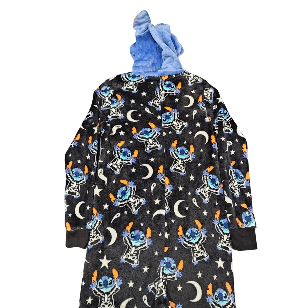 Disney Stitch Halloween Skeleton Union Suit Pajamas M 8-10 Hooded Onesie Costume
